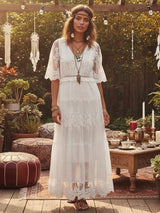 White Lace Bohemian Maxi Dress - Vintage V-Neck Beach Party Gown