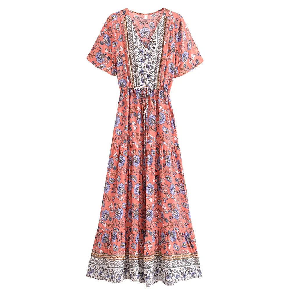 Women's Boho Floral Maxi Dress - Rayon V-Neck Vintage Summer Gown