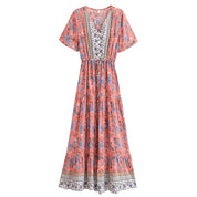 Women's Boho Floral Maxi Dress - Rayon V-Neck Vintage Summer Gown