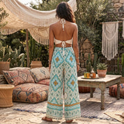 Green Floral Bohemian Wide Leg Rayon Pants - Vintage Chic Trousers