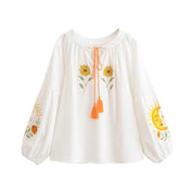 Women's Boho Floral Embroidered Linen Blouse - Vintage Tassel Top