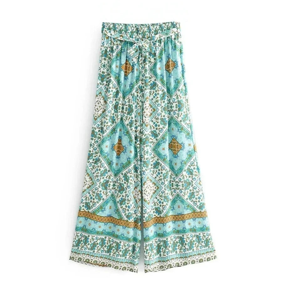 Green Floral Bohemian Wide Leg Rayon Pants - Vintage Chic Trousers