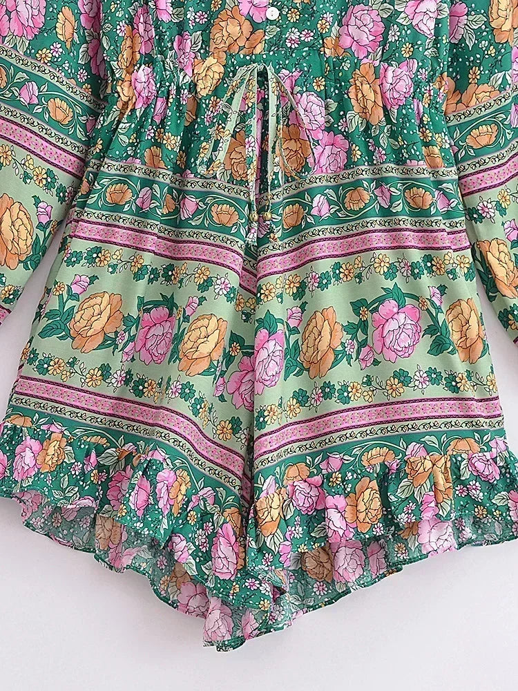 Green Floral Boho Playsuit | Vintage Rayon Long Sleeve Beach Jumpsuit