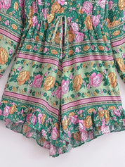 Green Floral Boho Playsuit | Vintage Rayon Long Sleeve Beach Jumpsuit