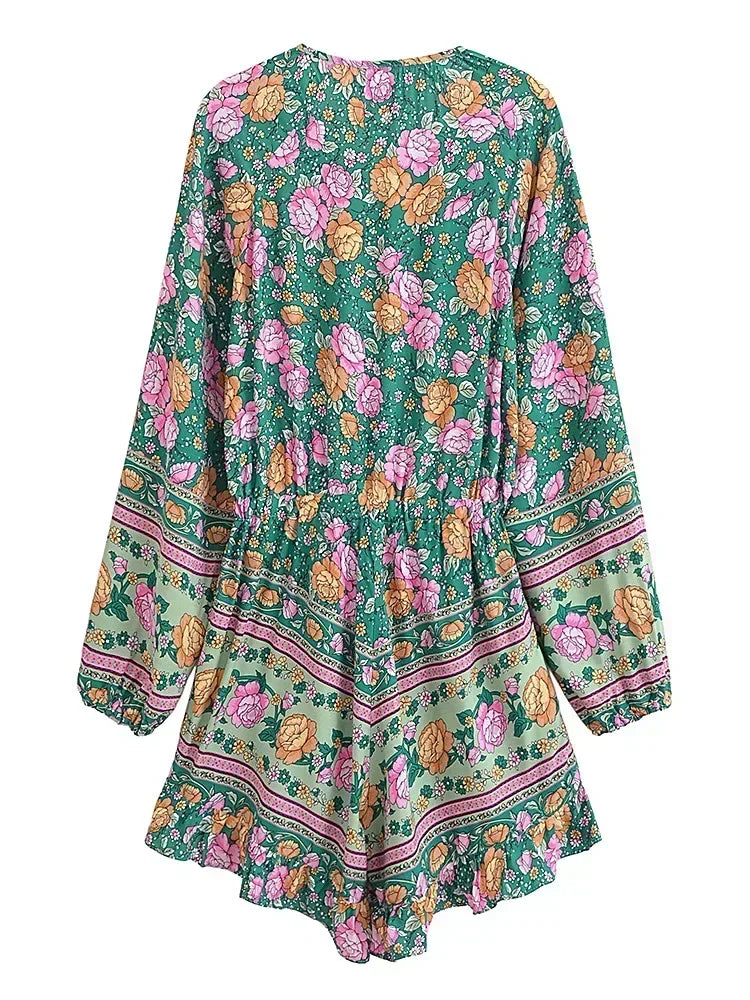 Green Floral Boho Playsuit | Vintage Rayon Long Sleeve Beach Jumpsuit