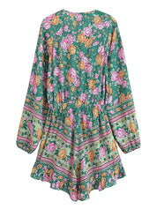 Green Floral Boho Playsuit | Vintage Rayon Long Sleeve Beach Jumpsuit