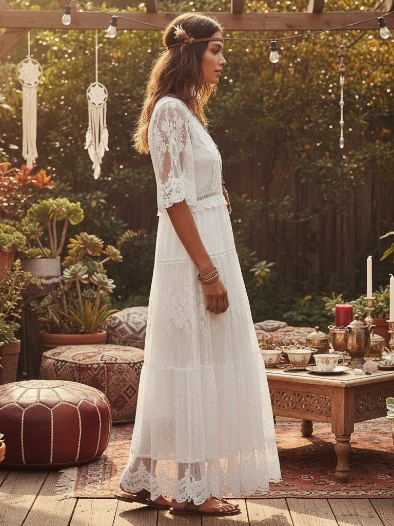 White Lace Bohemian Maxi Dress - Vintage V-Neck Beach Party Gown