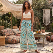 Green Floral Bohemian Wide Leg Rayon Pants - Vintage Chic Trousers