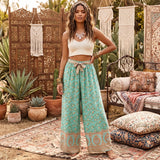 Green Floral Bohemian Wide Leg Rayon Pants - Vintage Chic Trousers