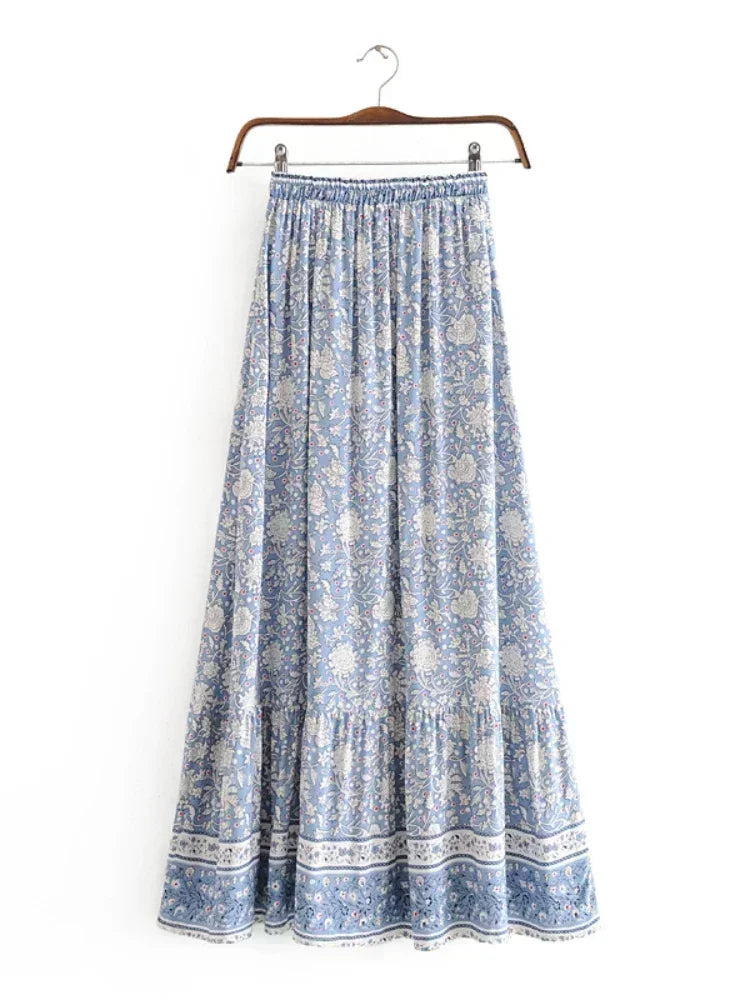 Vintage Boho Floral Maxi Skirt - A-Line High Waist Beach Skirt