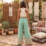 Green Floral Bohemian Wide Leg Rayon Pants - Vintage Chic Trousers