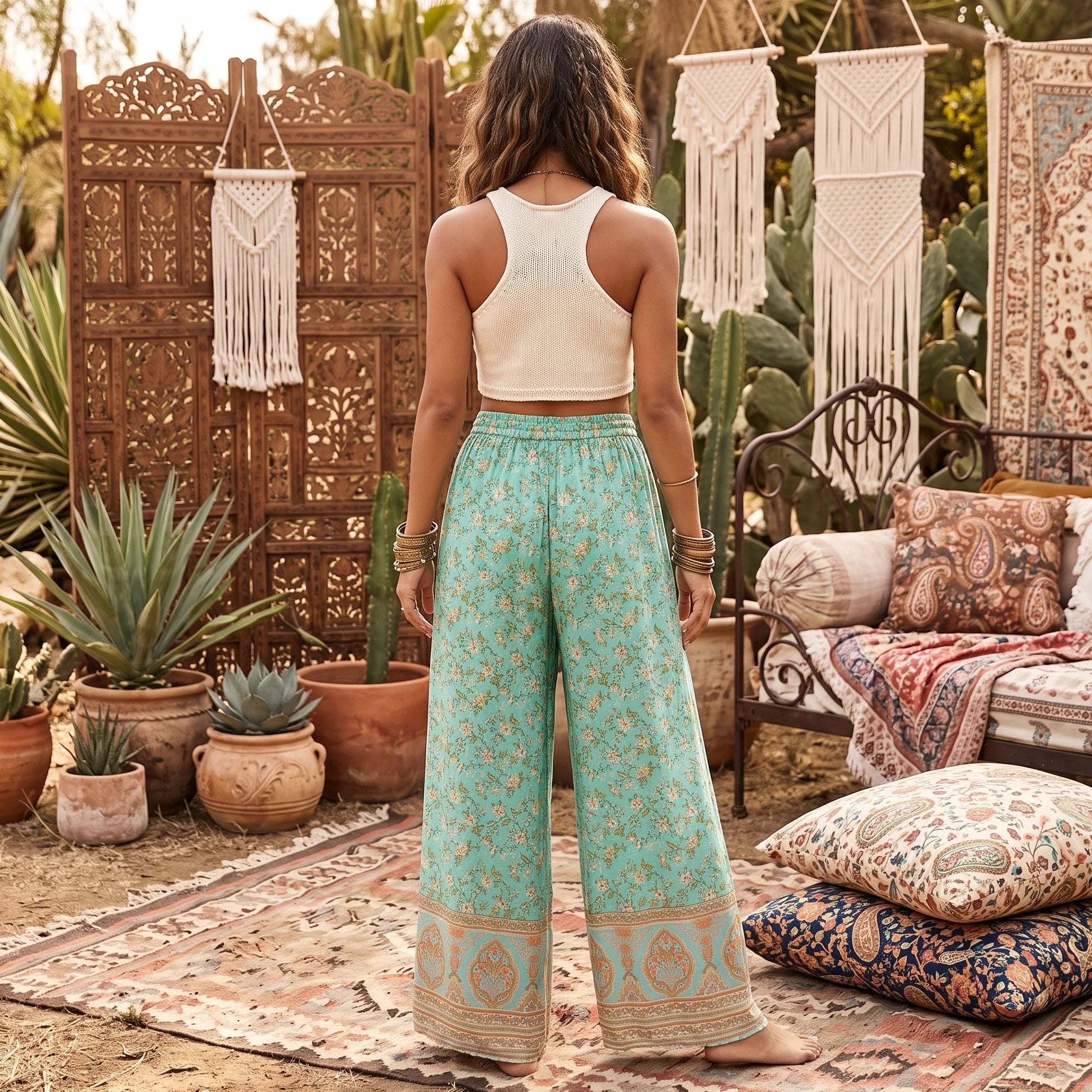 Green Floral Bohemian Wide Leg Rayon Pants - Vintage Chic Trousers