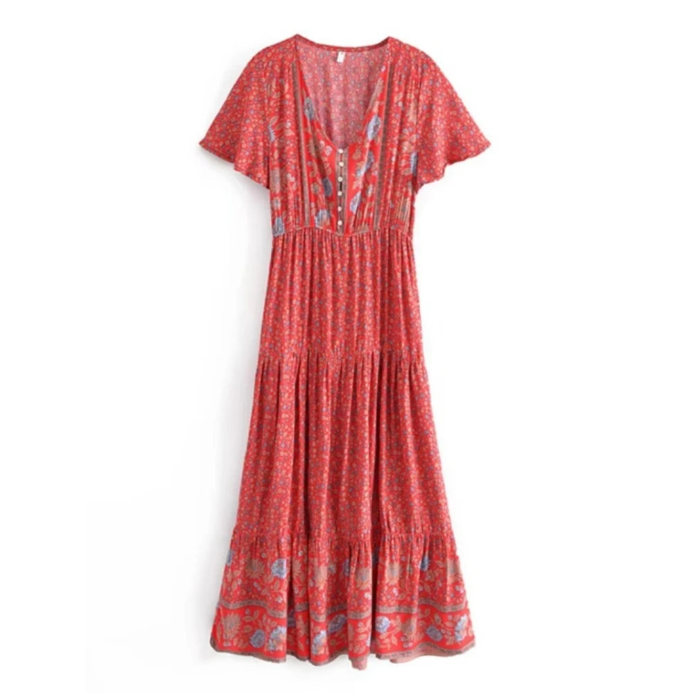 Women's Boho Floral Maxi Dress - Rayon V-Neck Vintage Summer Gown