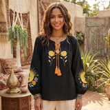 Women's Boho Floral Embroidered Linen Blouse - Vintage Tassel Top
