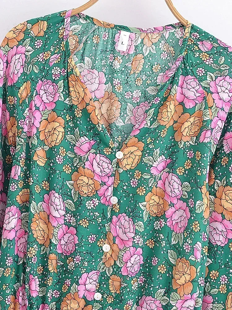 Green Floral Boho Playsuit | Vintage Rayon Long Sleeve Beach Jumpsuit