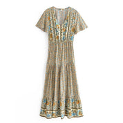 Women's Boho Floral Maxi Dress - Rayon V-Neck Vintage Summer Gown