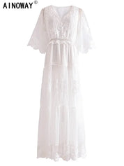 White Lace Bohemian Maxi Dress - Vintage V-Neck Beach Party Gown