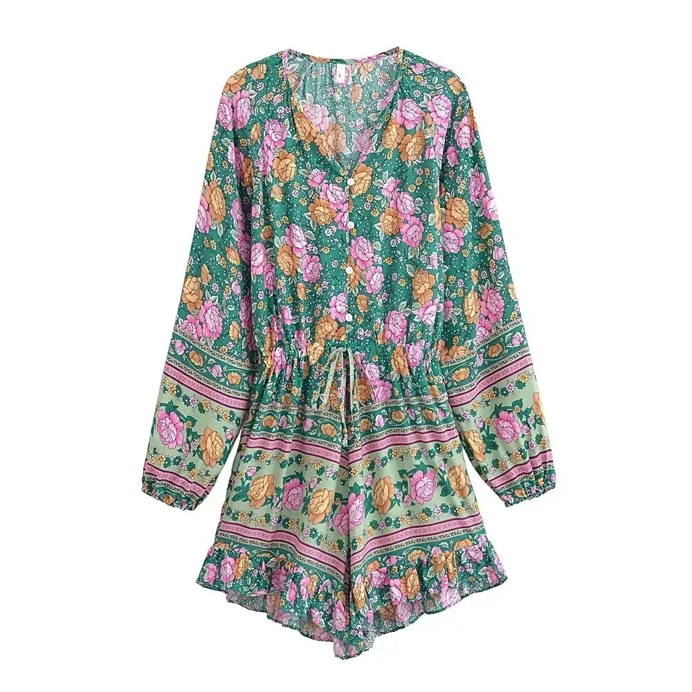 Green Floral Boho Playsuit | Vintage Rayon Long Sleeve Beach Jumpsuit