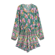 Green Floral Boho Playsuit | Vintage Rayon Long Sleeve Beach Jumpsuit