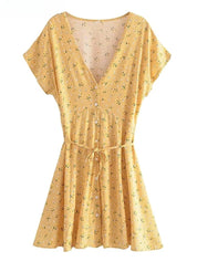 Yellow Floral Bohemian Mini Dress - V-Neck Cotton Beach Dress