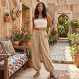 Sun Moon Embroidered Linen Baggy Pants - Boho Yoga Bloomers