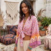 Floral Rayon Kimono Robe - Boho Beach Cover-Up & Cardigan