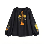 Women's Boho Floral Embroidered Linen Blouse - Vintage Tassel Top