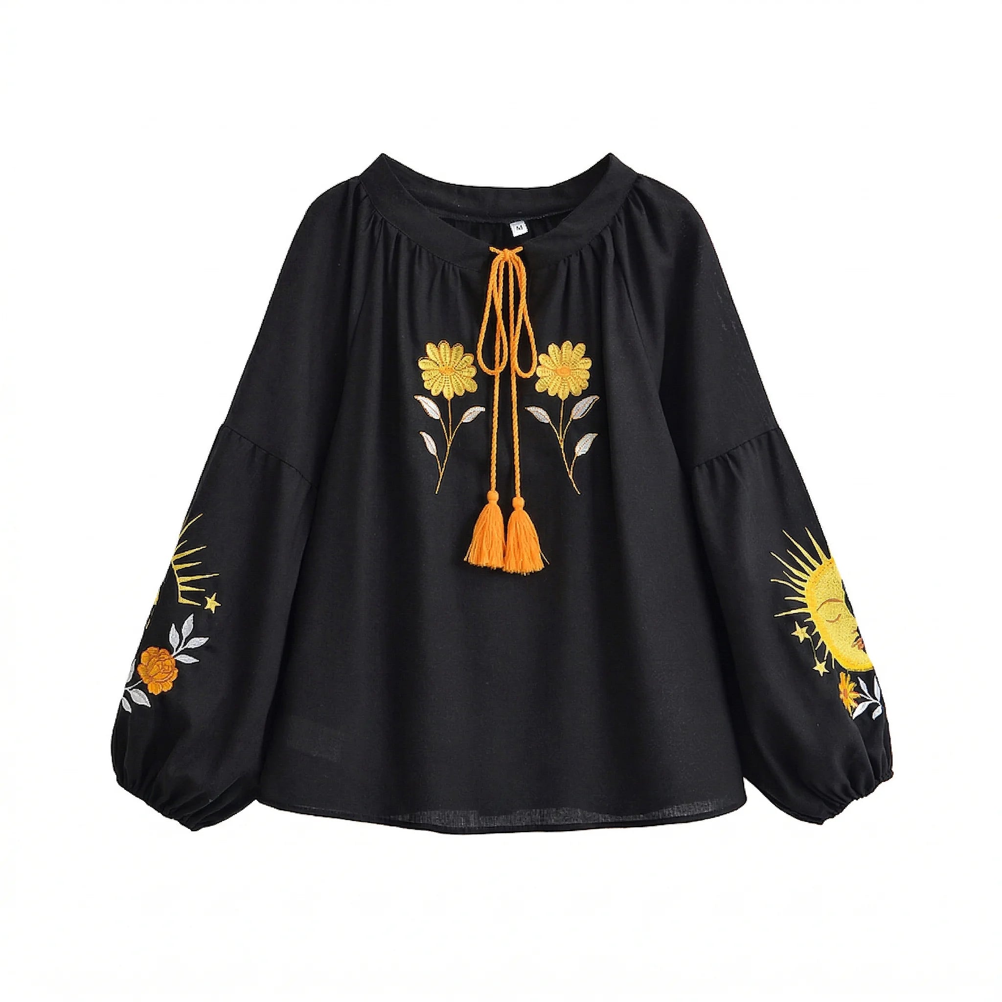 Women's Boho Floral Embroidered Linen Blouse - Vintage Tassel Top