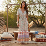Floral Boho Maxi Dress - Rayon V-Neck Summer Beach Robe