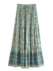 Bohemian Floral Print Maxi Skirt | Cotton Rayon High Waist A-Line