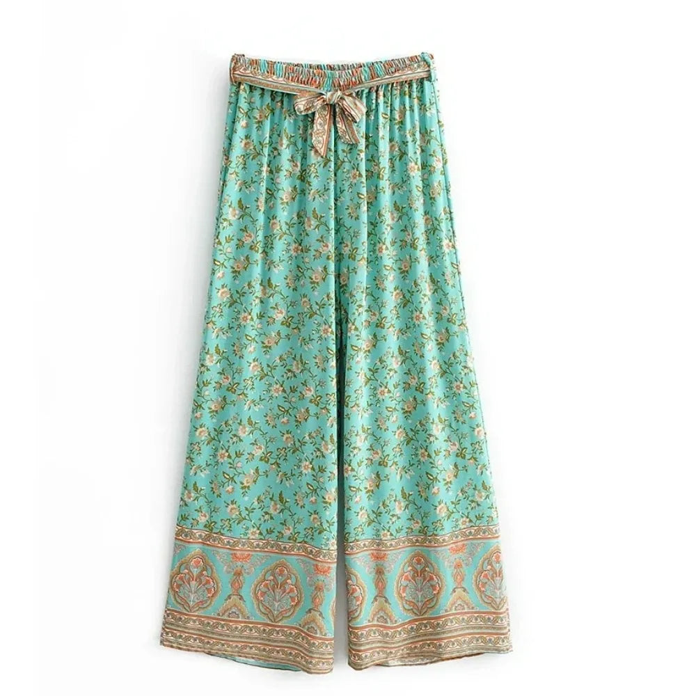 Green Floral Bohemian Wide Leg Rayon Pants - Vintage Chic Trousers