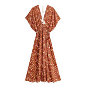 Brown Floral Boho Maxi Dress | Rayon V-Neck Summer Vacation