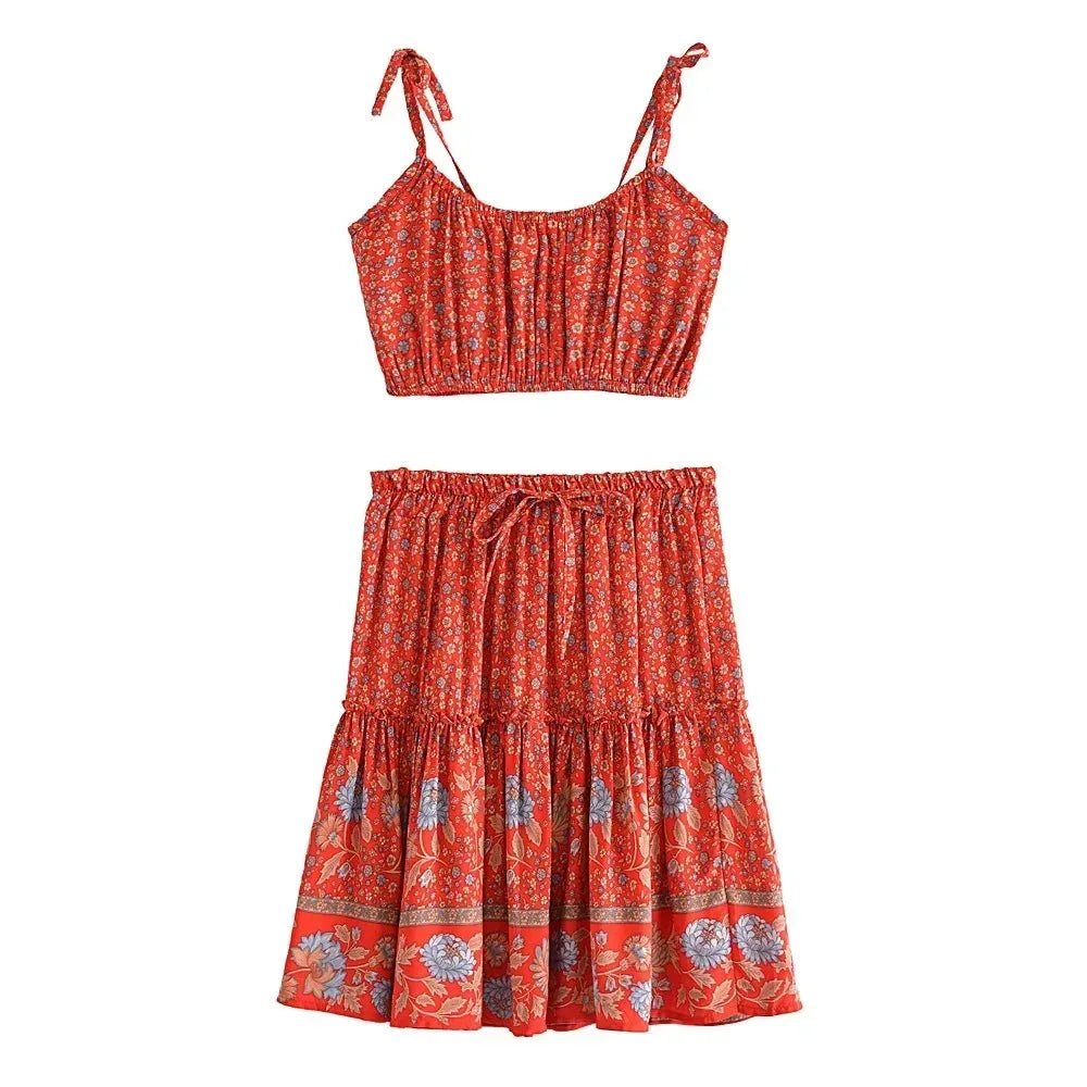 Boho Floral Two Piece Set - Rayon Cotton Summer Festival Outfit
