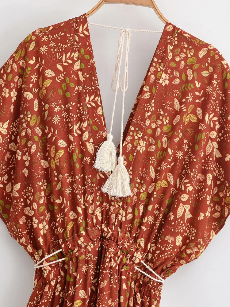 Brown Floral Boho Maxi Dress | Rayon V-Neck Summer Vacation