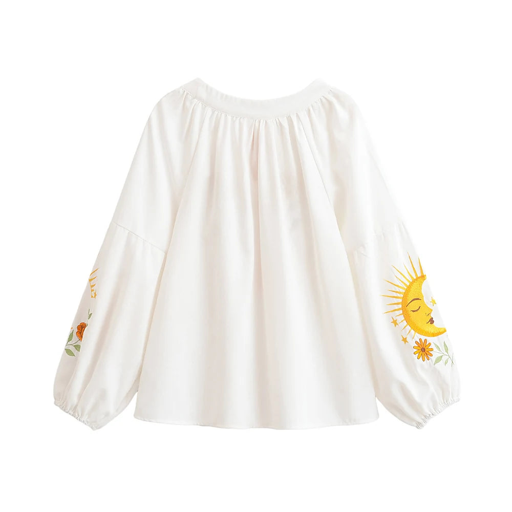 Women's Boho Floral Embroidered Linen Blouse - Vintage Tassel Top