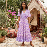 Bohemian Floral Maxi Dress Rayon V-Neck Beach Sundress