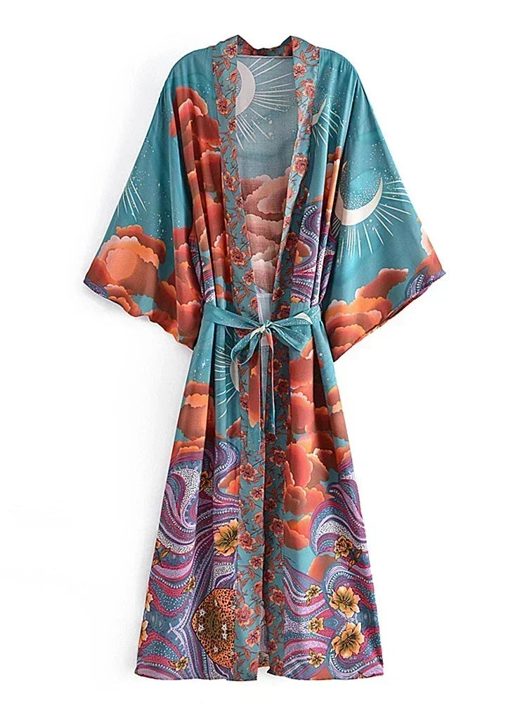 Bohemian Floral Rayon Kimono - Maxi Beach Cover-up & Robe